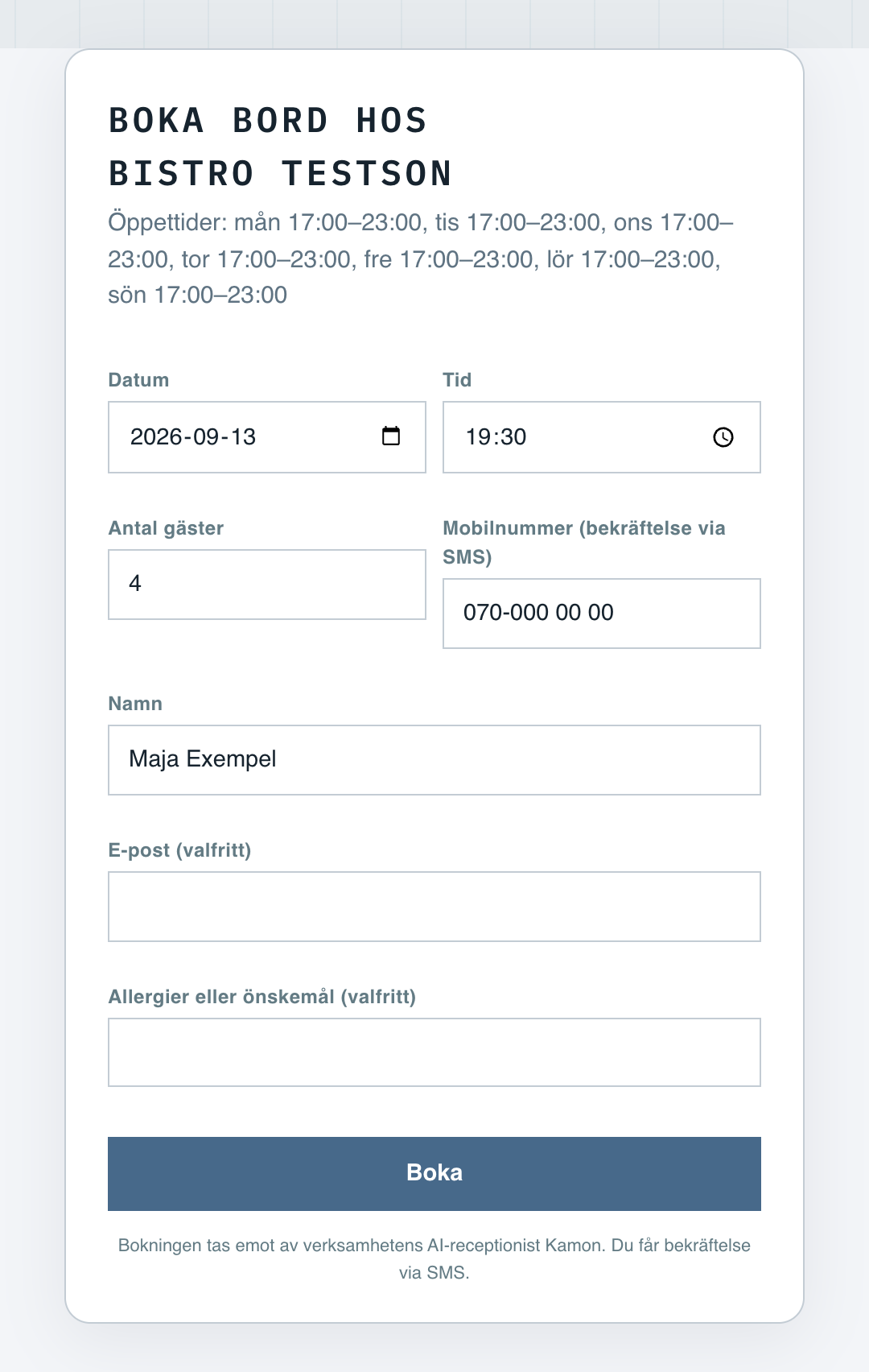 Bokningsformuläret på restaurangens egen hemsida med datum, tid, antal gäster, namn och mobilnummer.